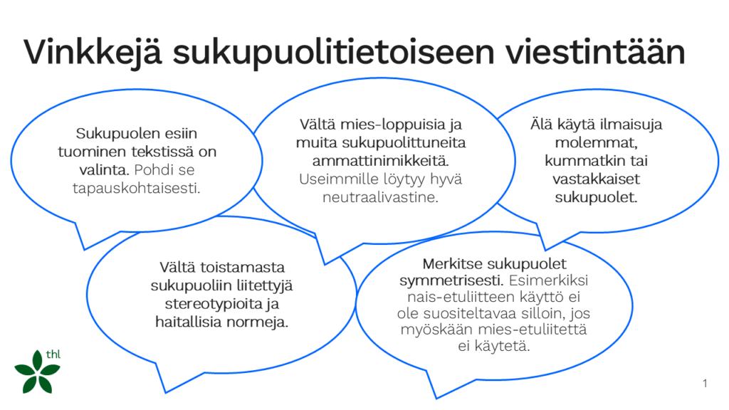 THL:n kuva, jossa puhekuplissa vinkkejä sukupuolitietoiseen viestintään.